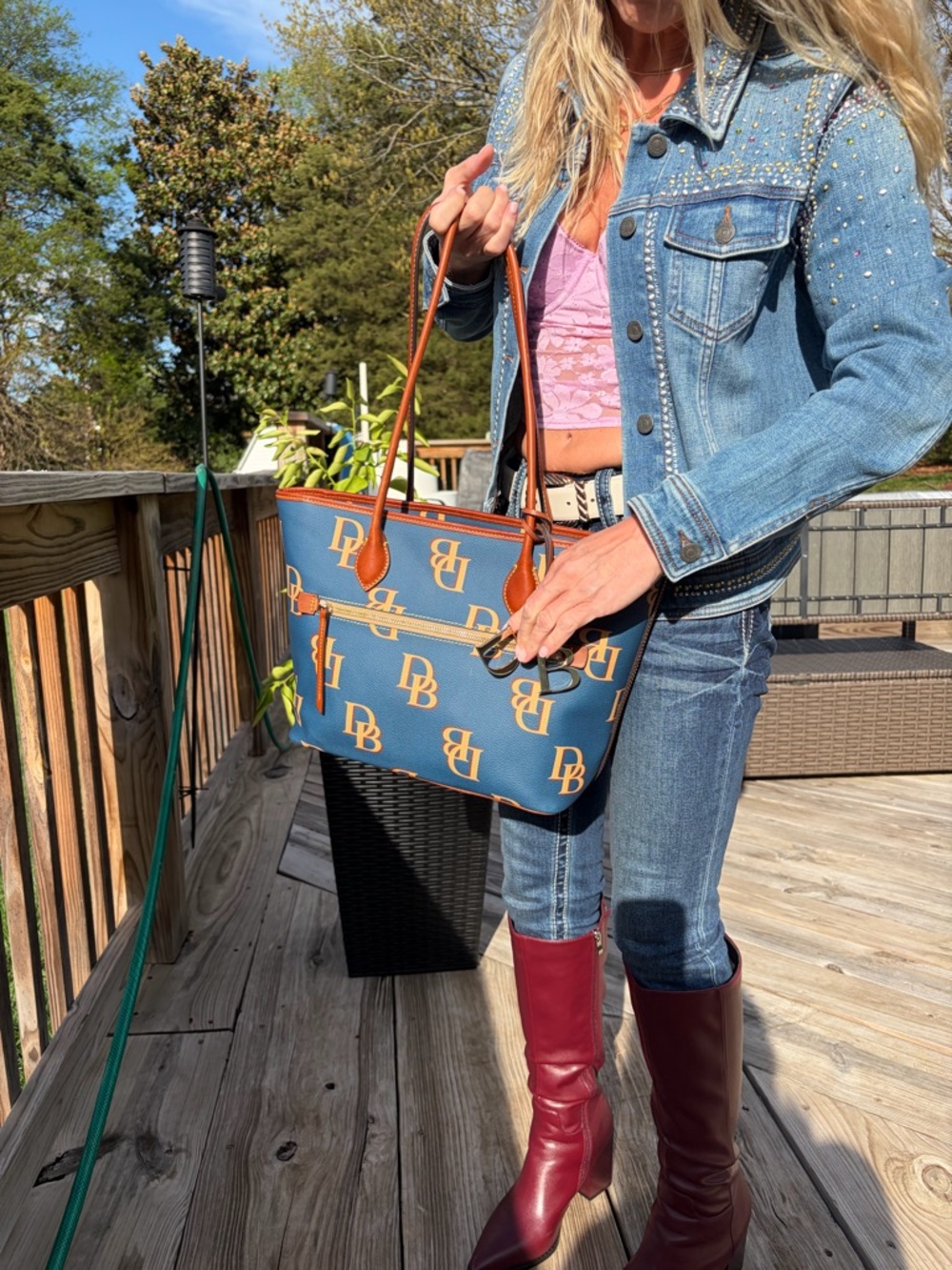 DB Monogram Blue Tote with Tan Trim